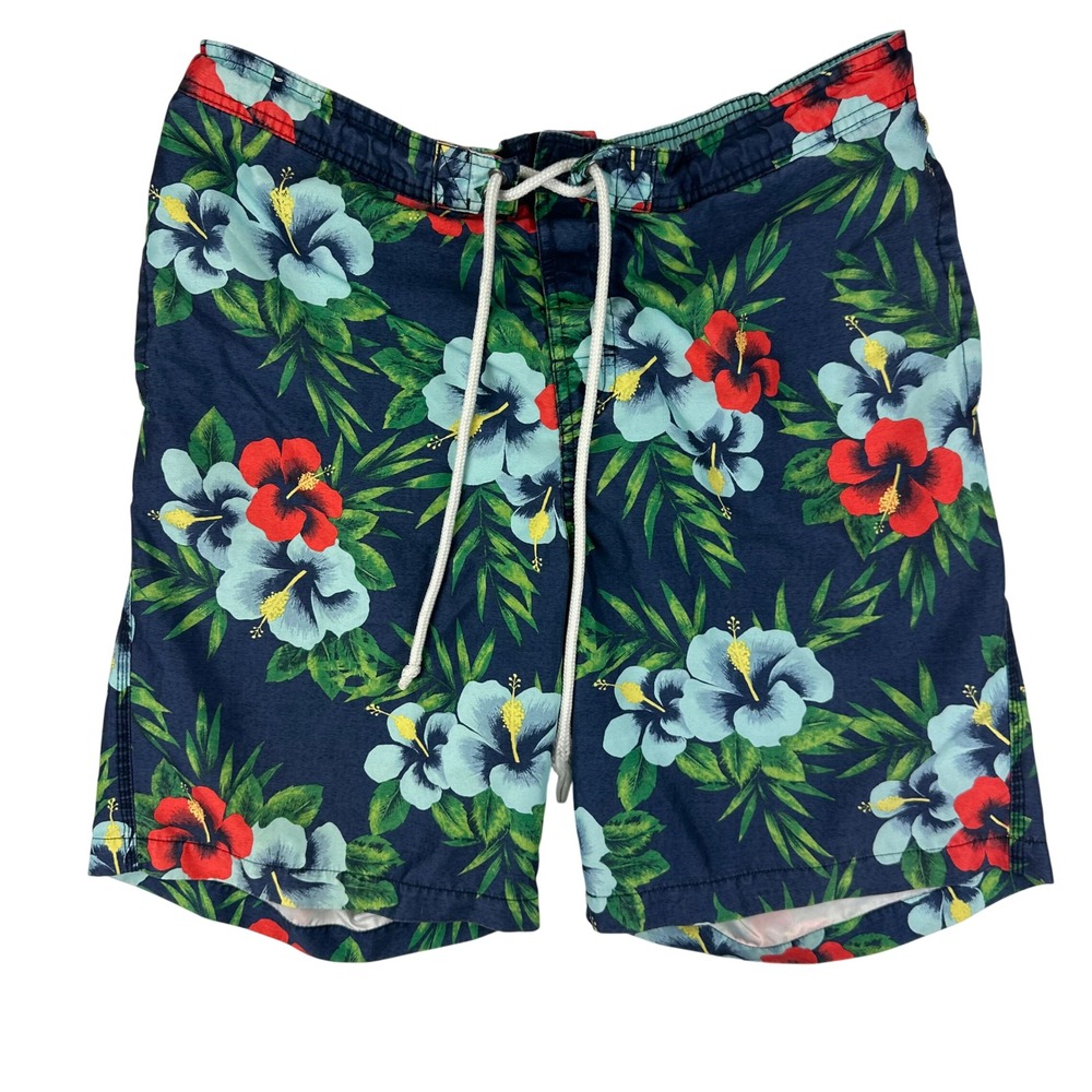 Merona Swim Trunks‎ Mens L Blue Tropical Floral Hibiscus Board Shorts Drawstring